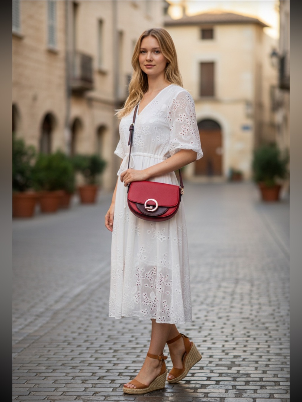 Chico's Red Crossbody Half Moon Saddle Bag Red and Burgundy